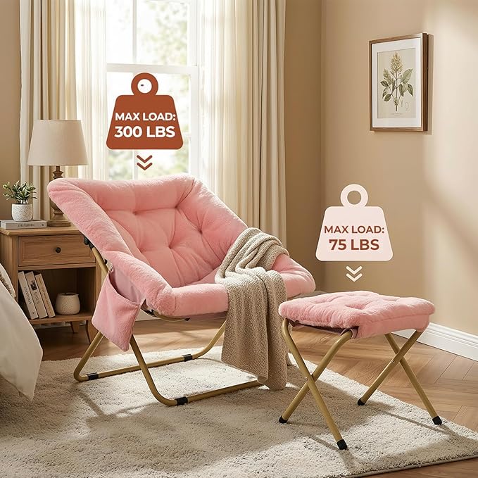 TLSUNNY Comfy Saucer Chair Foldable Lounge Lazy Chair with Ottoman Soft Faux Fur Reading Chair and Footstool for Teens Adults Metal Frame Moon Chair for Living Room Bedroom Dorms X-Large (Pink)