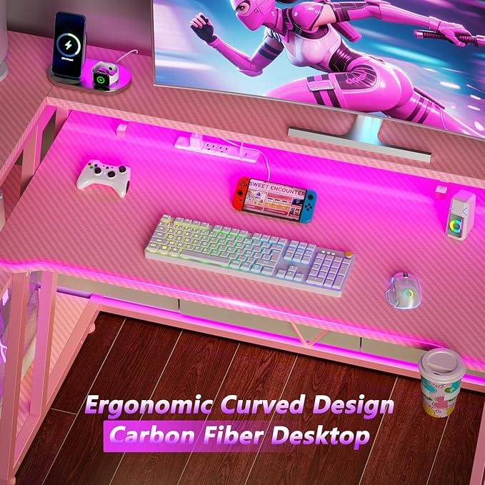 55 Inch Pink Gaming Desk with Power Outlet &amp LED Lights Corner Computer Desk with 3 Tiers Storage Shelves L Shaped Gaming Desk with Monitor Stand for Bedroom