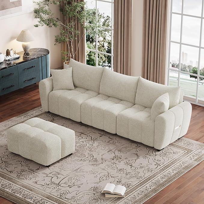 110 L Shaped Modern Boucle Sofa Modular Sectional Cloud Couch with Ottoman Tufted 4-Seat Deep Seat Sofa with Pillows for Living Room Bedroom and Apartment Beige White