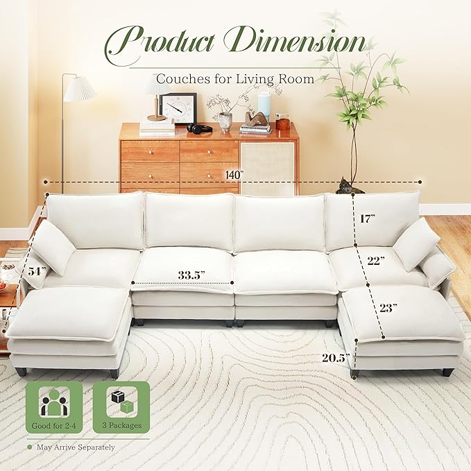Comfy Cloud Couch with Movable Ottoman Modular Sectional Sofa 140 U Shaped Modern Sofa with Pillows Deep Seat Couches for Living Room Bedroom and Apartment Beige