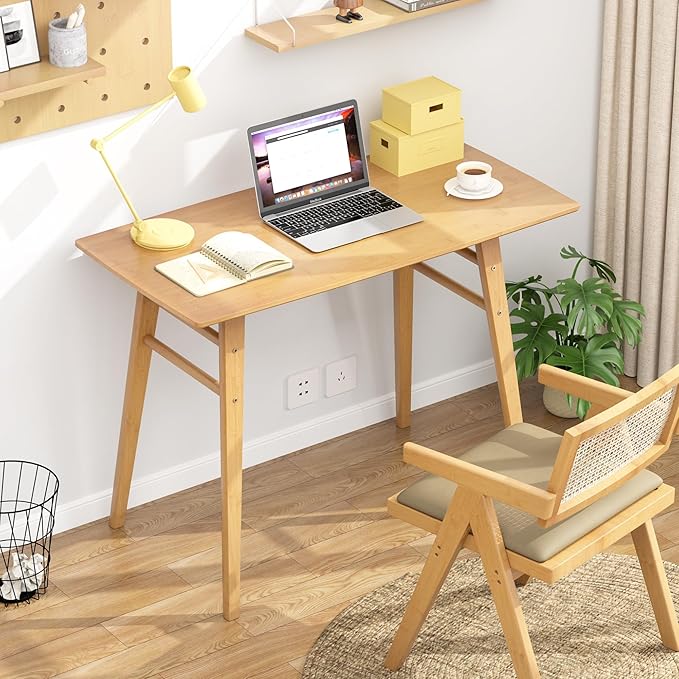 100% Solid Wood Writing Desk - 39 x 20 Inch Bamboo Home Office Computer Desks Simple Desk for Small Spaces Modern Study Table - Natural Boho Desks