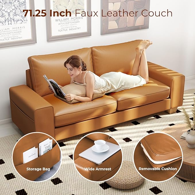 Modern Faux Leather Loveseat Sofa Compact Small Couch with Spring Cushions &amp Solid Wood Frame Easy-Clean Removable Cover Living Room Office Apartment Furniture (71.25 Brown)