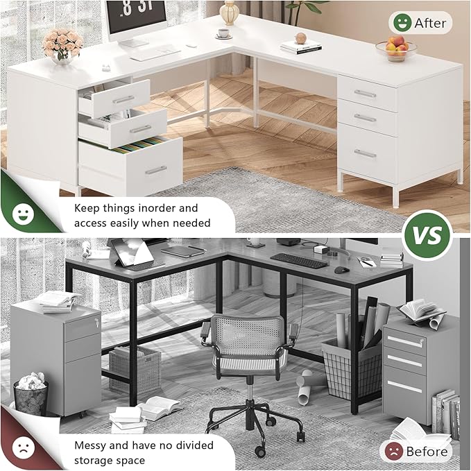 TVU 59’’ L Shaped Desk with 6 Wooden Drawers Large Home Office Corner Computer Desk with Storage File Cabinet Modern Metal Wood Desk for Executive Writing Study Workstation White