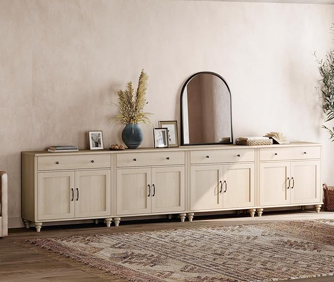 WAMPAT Farmhouse TV Stand for 85 inch TV with 8 Doors and 4 Drawers Wood Universal TV Stand with Large Storage Cabinets Beige Entertainment Center TV Console Table for Living Room Bedroom