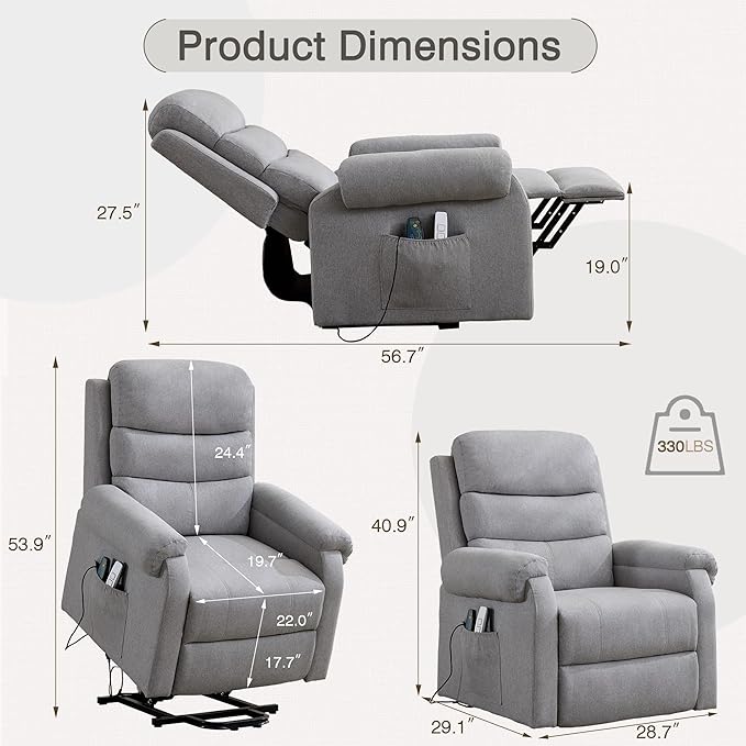 Power Lift Recliner Chair Recliners for Elderly with Heat and Massage Recliner Chair for Living Room with Infinite Position and Side Pocket USB Charge Port (Light Grey)