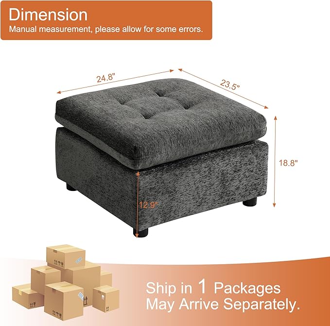 24 Square Modular Ottoman for Sectional Sofa Tufted Chenille Upholstered Footrest Cloud Sofa Ottoman for Living Room Dark Grey