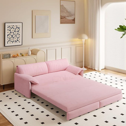 70.1 Queen Pull Out Sofa Bed 3-in-1 Convertible Sleeper Sofa with 2 Soft PillowsMulti-Functional Velvet Loveseat Bed (Pink 66)