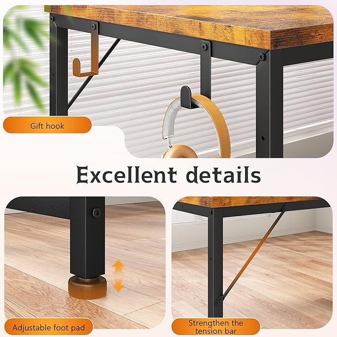 56 Inch Computer DeskReversible Office Desk with LED Lights &amp Power OutletsWriting Desk with Wide Tabletop for StudyWritingDesk with Drawers &amp Printer Shelf for StorageCraftRustic Brown