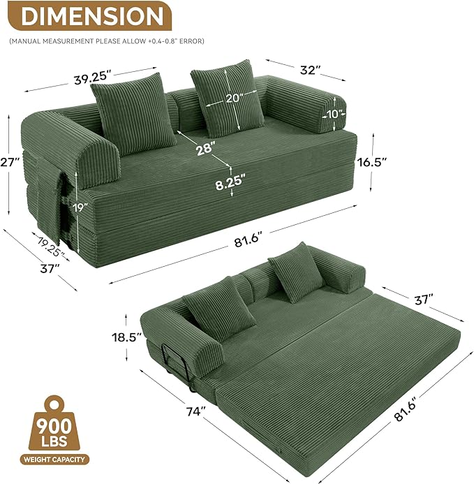 Convertible Coarser Corduroy Sleeper Sofa Bed with Cylindrical Pillow Folding Mattress Couch with Fixed-Shape Frame Floor Sofa Lounge Couch for Living Room Bedroom Lounge Studio Green