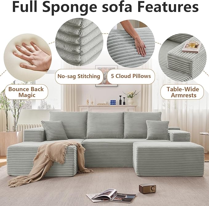 107 Modular Sectional Sofa with Ottoman Modern Corduroy Cloud Couch with Deep Seat Boneless Couch Upholstered 3-Seater U-Shaped Sofa for Living Room No Assembly (Grey Left-Facing Chaise)