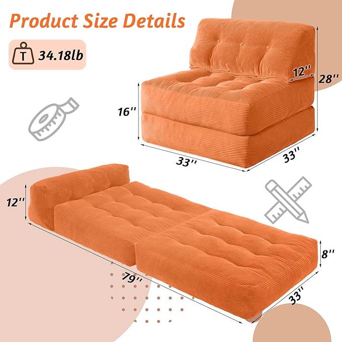 HABUTWAY Folding Sofa Bed Convertible Sleeper Chair Bed with Pillow &amp Handle Foldable Mattress with Back Support Portable Single Couch Comfy Floor Sofa Lounge for Living Room Bedroom(Orange)