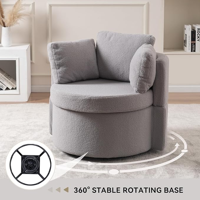 FOXHUNTER Swivel Barrel Chair 360 Degree Swivel Round Storage Chair with 3 Pillows Oversize Teddy Swivel Accent Chair Comfy Single Sofa Chair for Nursery Living Room Bedroom (Light Gray)