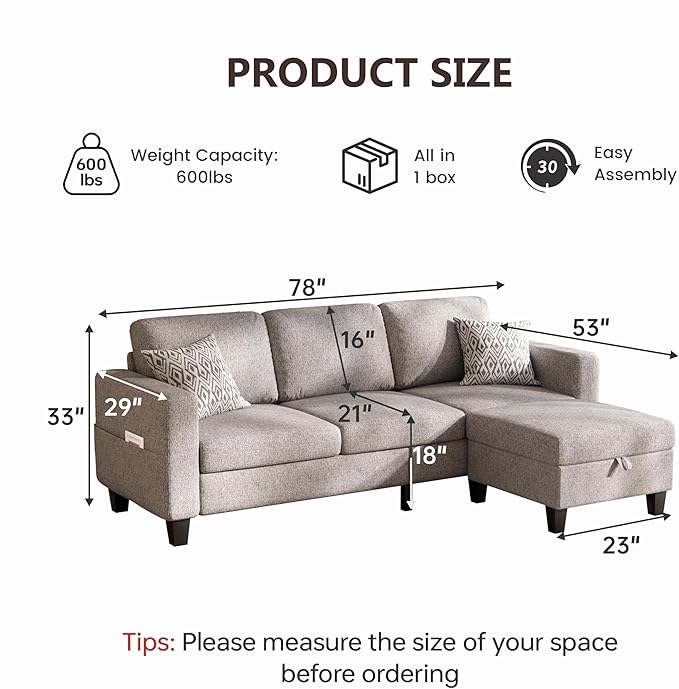 Sectional Sofa and Couches for Living Room 78'' Brown 3 Seat L-Shaped Couch with Movable Ottoman Comfy Linen Convertible Sectionals Sofas with Chaise for Apartment Dorm Small Space