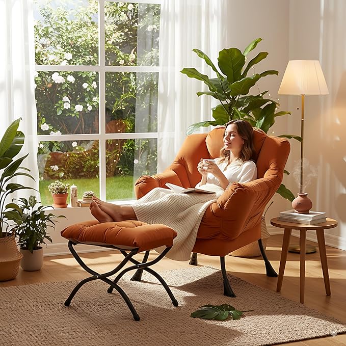 LITA Lazy Chair with Ottoman Modern Lounge Accent Chair with Armrests and a Side Pocket Leisure Upholstered Sofa Chairs Set Reading Chairs with Footrest for Small SpaceOrange
