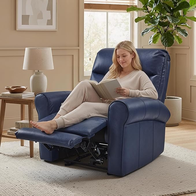 MCombo Power Wall Hugger Recliner Chair for Small Space RV Living Room USB &amp USB-C Charging Ports Modern Rolled Arm Recliner Faux Leather PR630 (Navy Blue Medium)