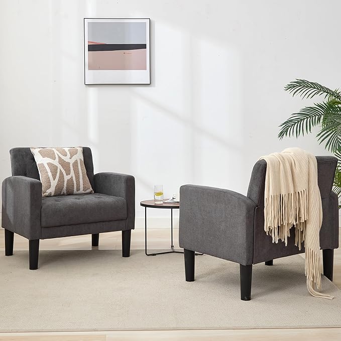 TYBOATLE Accent Chairs Set of 2 Mid Century Modern Upholstered Tufted Living Room Chair for Bedroom Armchair for Waiting Room Reading Chair for Office Grey