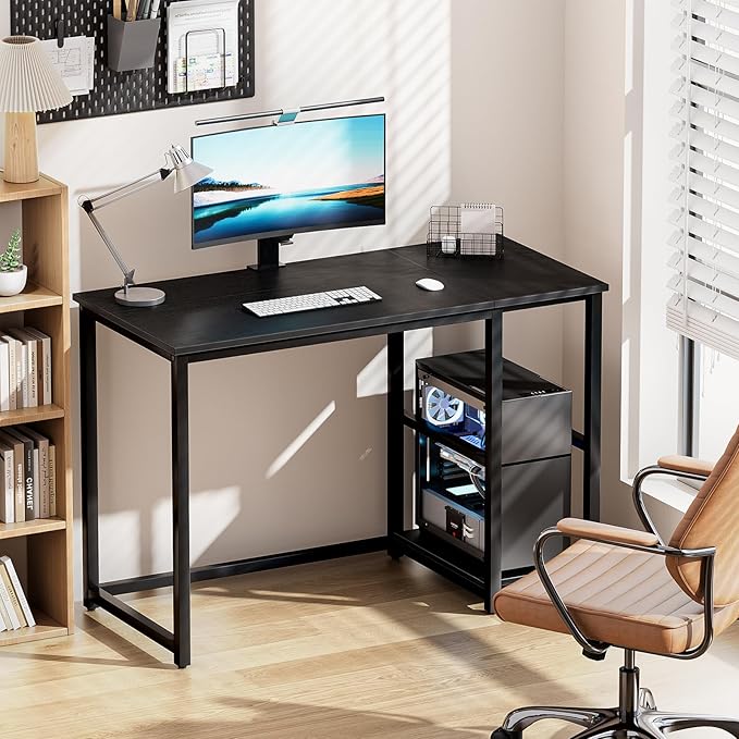 SINPAID Computer Desk 47 inches with 2-Tier Shelves Sturdy Home Office Desks with Large Storage Space Modern Gaming Desk Study Writing Laptop Table Black