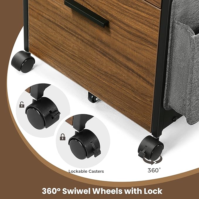 EUREKA ERGONOMIC 2-Drawer Mobile File Cabinet with Wheels Solid Wood Rolling Storage Cabinet for Home Office Space-Saving Under Desk Organization with Printer Stand Walnut