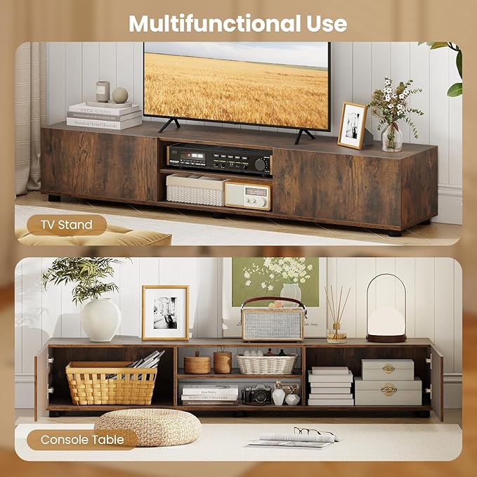 Tangkula Modern TV Stand for up to 70” TVs 63”L Minimalist Entertainment Center w/ 2 Doors &amp Open Shelves Media Console Table Storage Cabinet with 6 Support Feet for Living Room (Rustic Brown 6