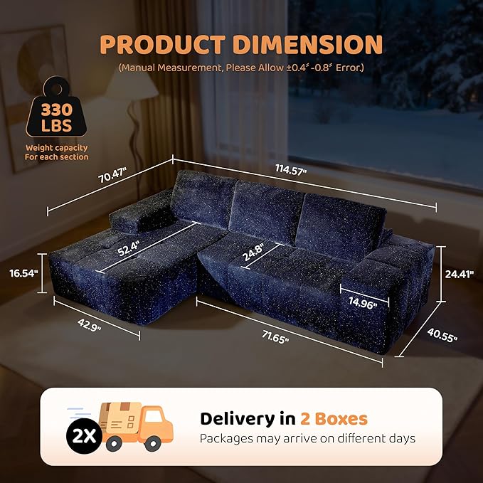 115″ Modular Sectional Sofa L-Shaped Chaise Lounge Cloud Couch with Ultra-Wide Armrests &amp Deep Seat Silver Weave Boneless Couches for Living Room No Assembly Required Blue