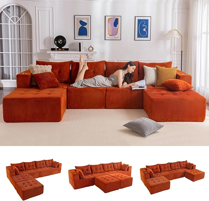 MAXYOYO 129.5 Modular Sectional Sofa Couch U Shaped Modern Cloud Couch with 2 Ottomans Sofa in A Box Tufted 6-Seat Boneless Sleeper Chair for Living Room No Assembly Required Orange