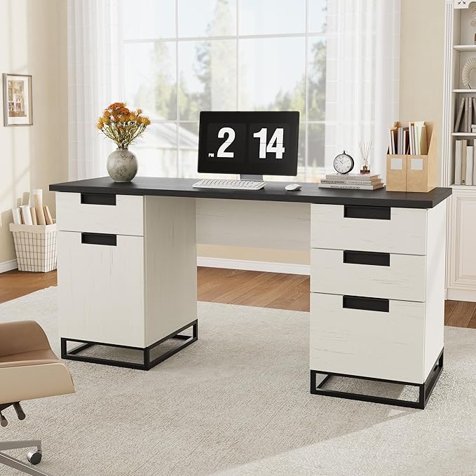 IDEALHOUSE Farmhouse Executive Desk 59 Computer Desk White Home Office Desks with File Drawer and Storage Cabinet Wood Writing Desks for Home Office Bedroom White+Black