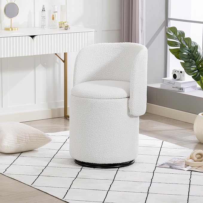 Round Vanity Chair with Storage &amp Cat Bed Stool Upholstered Small Swivel Accent Chair with Hidden Storage Makeup Barrel Chair for Bedroom Living Room (Teddy)