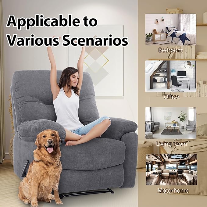 Manual Oversized Recliner Overstuffed Chairs Large Recliner High Weight Capacity Big and Tall Man Recliner for Heavy Duty 400lbs Adults for Living Room Bedroom Nursery RV Grey