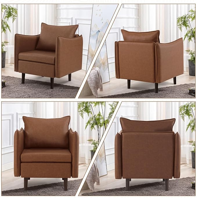 MOJAY PU Leather Accent Chairs Mid-Century Modern Upholstered Armchair Club Sofa Chair with Sturdy Legs for Living Room Bedroom Reception (Brown)