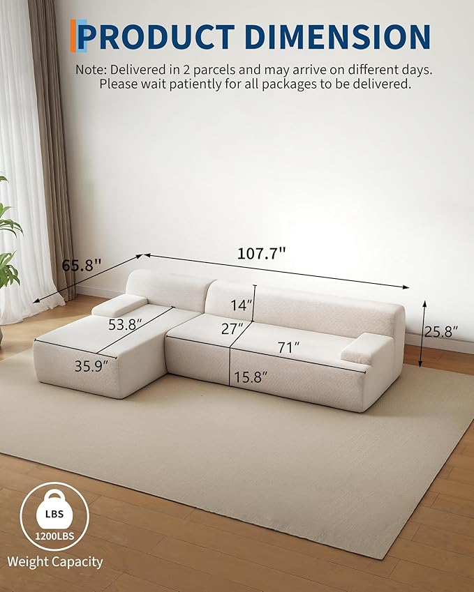 Garvee 107'' Modular Sectional Sofa Left Facing Chaise L-Shaped Boneless Couch Ultra Deep Seat Modern Sectional Sofa for Living Room 5mm Wale Corduroy Fabric Beige