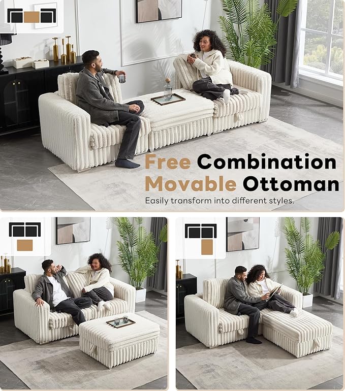 Tbfit Modular Sectional Sofa with Storage Ottoman Corduroy Cloud Couch 73 W &amp 101 W Convertible Love Seat for Small Spaces L-Shaped Sofa for Living Room Beige