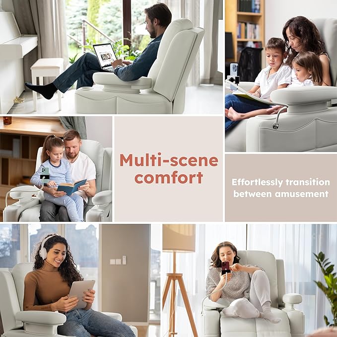Triple Motor Power Swivel Rocker Recliner Chair with Adjustable Armrests for Adults Elderly FSC Certified Faux Leather Rocking Chair Nursery for Breastfeeding(White)