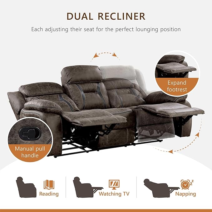 Homelegance Reclining Couch Polished Microfiber Manual Double Recliner Sofa Dark Brown
