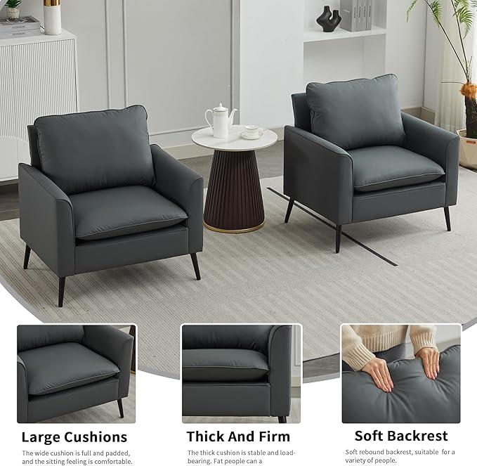 YISHENG Mid-Century Modern Living Room Accent Chairs Set of 2 - Oversized Faux Leather Armchairs with Removable Cushions &amp Metal Legs Comfortable Sofas for Office/Lounge/Bedroom/ReceptionGray