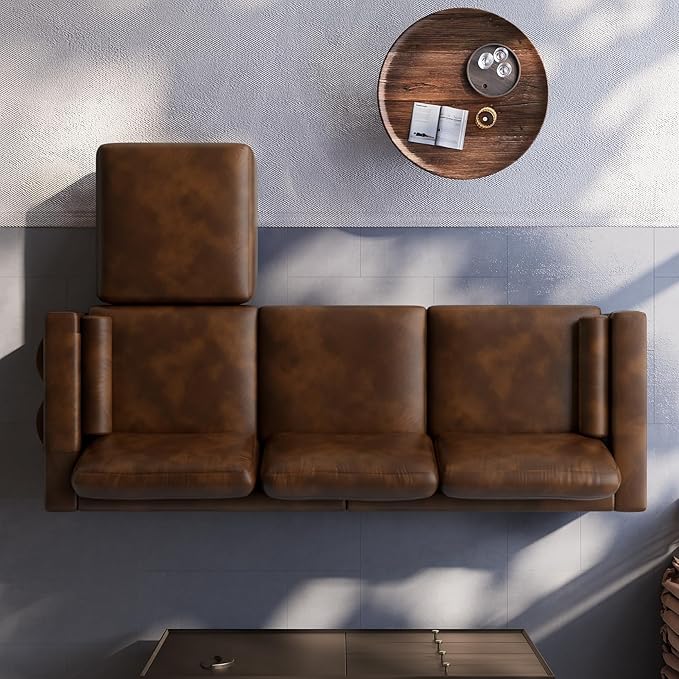 Vesgantti 100 L Shaped PU Faux Leather Sofa with Movable Ottoman 3 Seater Leather Sectional Couch with Side Pocket Comfy Modern Modular Couch for Living Room Apartment Cocoa