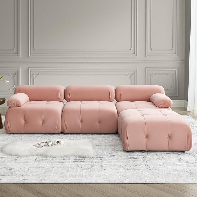 Modular Sectional Sofa 93 Velvet Sectional Cloud Couches for Living Room Modern L-Shaped Sofa DIY Combination Reversible Chaise for Bedroom Apartment Office (Pink Velvet)