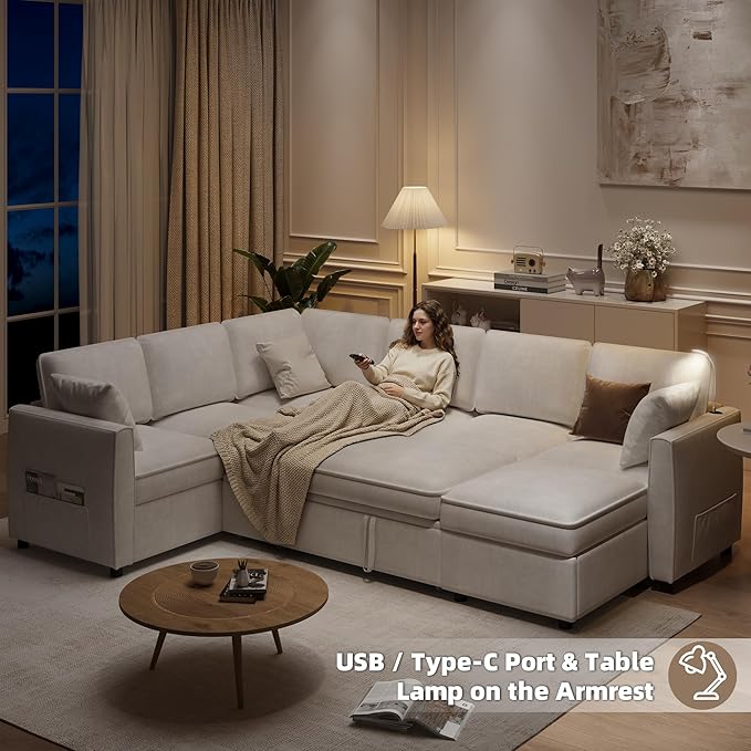 120 Sectional Sofa Couch with Pull out Bed 7 Seat U Shaped Pull out Couch Bed with USB Ports Velvet Modular Sleeper Sofa Bed with Throw Pillows Large Sectional Couches for Living Room Beige