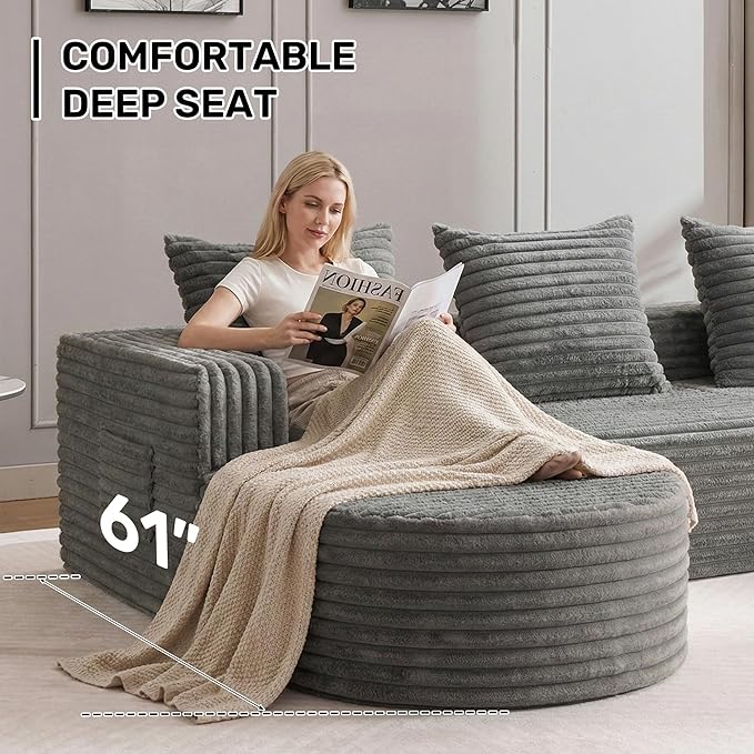 Boneless Cloud Couch Modular Sectional Sofa L-Shape with Chaise 102 Soft Faux Fur Deep Seat &amp 3 Pillows &amp 2 Side Pockets for Living Room Bedroom (Gray Left Chaise)