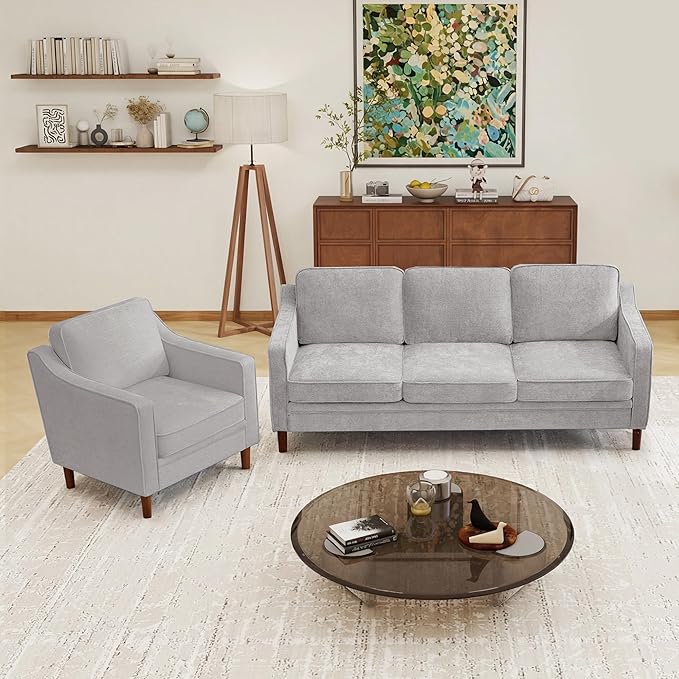 Kingfun Living Room Furniture Sets 3 Seater Couch and Loveseat Mid Century Modern Sofa Set Chenille Couch with Solid Wood Frame for Living Room &amp Bedroom Silver Gray