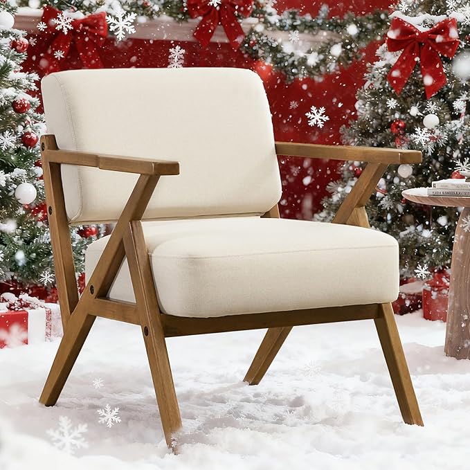 Mid Century Modern Chair Beige Accent Chair Upholstered Armchair with Solid Wood Frame Comfy Reading Nook Chair Lounge Chairs for Living Room Bedroom Linen