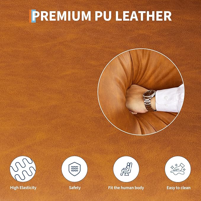 GarveeHome Pu Leather Sofa 85 Mid-Century Modern Couch 3-Seater Sofa with Wide Armrests and Comfy Cushions Deep Seat Leather Couch for Living Room Bedroom Office