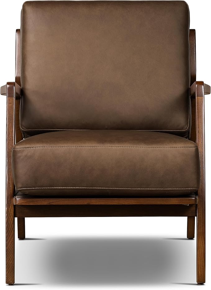 Poly &amp BARK Verity Leather Accent Chair – Armchair with Walnut Wood Frame – Fashion-Forward Lounge Seating for Living Room – Upholstered in Cocoa Brown Leather for Modern Style