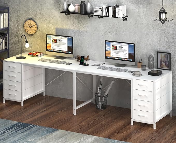 TVU 95 2 Person Desk with 8 Drawers Double Desk for Two People Home Office Desks with Outlets Long Desks Workstation Drawer Organizers with 8 Fabric Drawers White