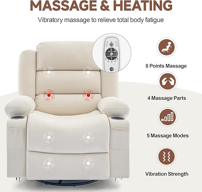 Rocker Recliner Chair with Heat and Massage 360° Swivel Nursery Rocking Chairs for Adults Oversized Recliner Single Sofa Seat with Cup Holders Lazy Boy Recliner Single Sofa (Manual Beige)