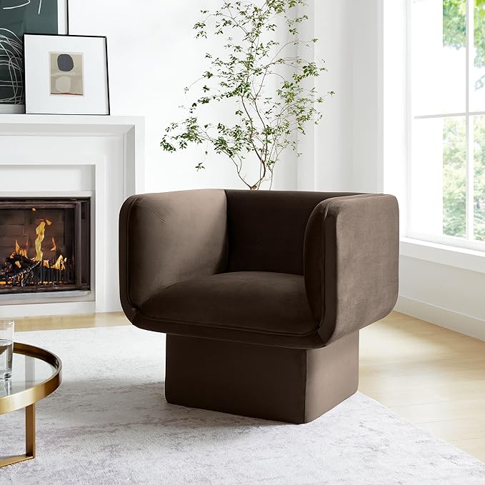 Modway Tate Performance Velvet Accent Chair in Chocolate Brown - Upholstered Club Chair - Modern Barrel Armchair - Comfy Reading Leisure Chair for Living Room Bedroom Office