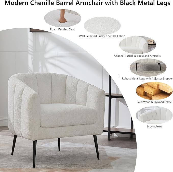 29.9 Chenille Upholstered Barrel Accent Chairs for Living RoomMid Century Modern Fuzzy Round Armchair with Metal LegsChannel Tufted Club Chair with Scoop Arms (Chenille Ivory Armchair)