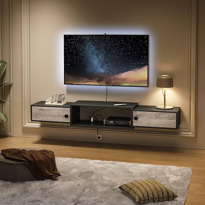 HOOBRO 55 Floating TV Stand with Power Outlets Modern Wall Mounted Media Console Shelf with Doors Entertainment Center for Under TV Storage for Living Room Bedroom Greige and Black BG11UDS01