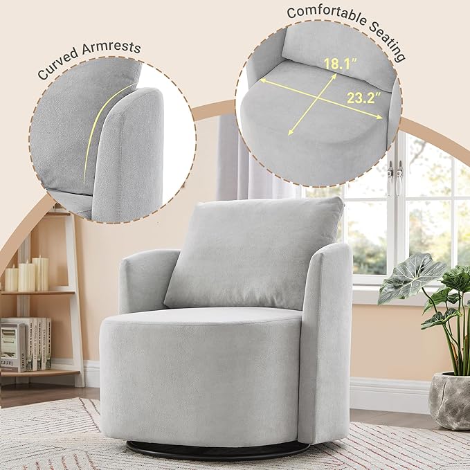 360° Swivel Chair Modern 29.9 Accent Barrel Armchair Single Sofa Armchair with Curved Design and Side Pockets Upholstered Swivel Sofa Chair for Living Room Bedroom Office and Hotel (Grey/437)