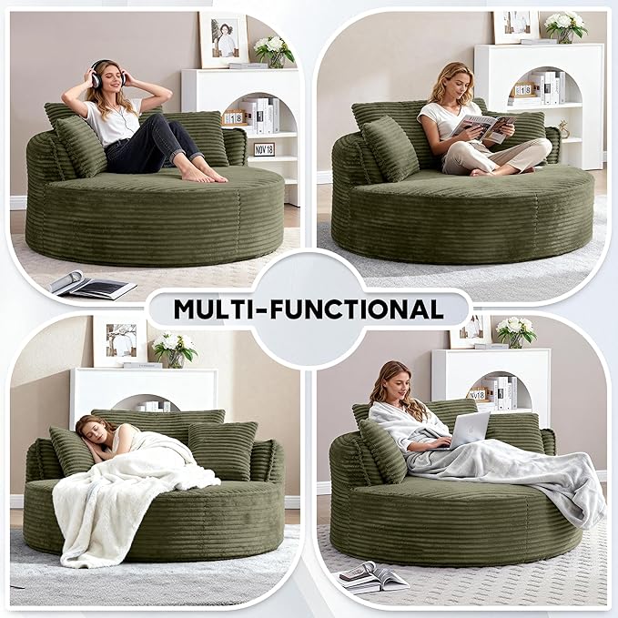 Oversized Round Chair Lounge Chaise Indoor 53.5 Corduroy Boneless Round Chair Fluffy Single Deep Seat Cloud Sofa Chairs Modern Circle Chaise Lounge for Bedroom Living Room Green