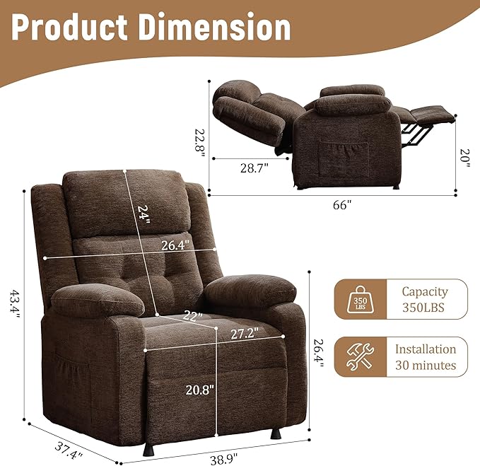 Power Recliner Chair for Adults Oversized Electric Recliner with Thickened Cushions Chenille Fabric Reclining Chair for Living Room Bedroom Brown